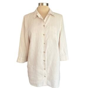 Chico's No Iron 100% Linen Beige Button Down Tunic Size L Neutral Closet Staple